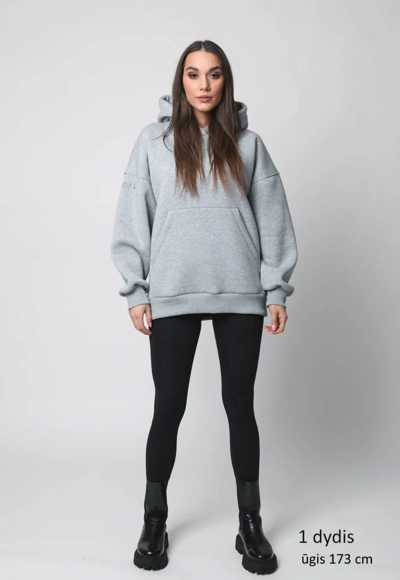 moteriškas pilkas melange džemperis su kapišonu big hoodie
