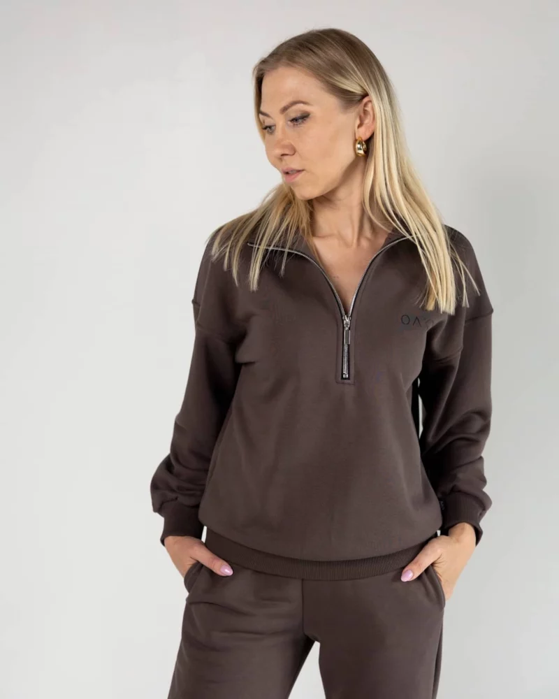 moteriškas džemperis su užtrauktuku coffee rudas